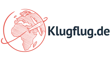 Klugflug Logo: Kleine orangene Welt wird von Flugzeug umkreist.